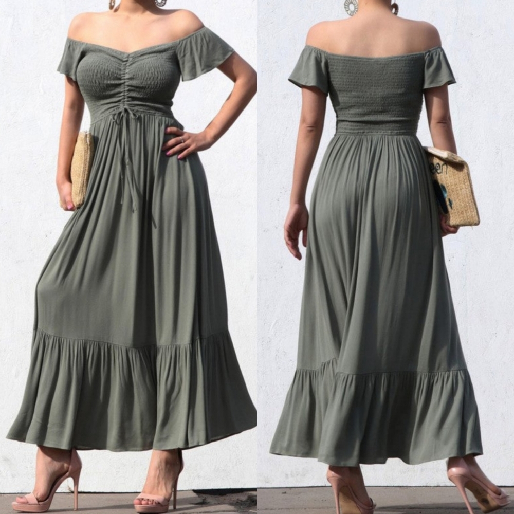 SMOCKED OFF SHOULDER RUCHED CHEST MAXI DRESS-SAGE